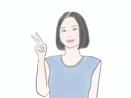 笑顔の女性・手描き風　ピース 女性,ピースサイン,笑顔,ナチュラル,親しみやすい,ボブヘア,カジュアル,イラスト,手描き風,シンプルのイラスト素材