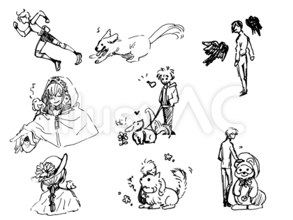 人と動物セット【アナログ・ペン画】
