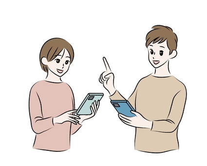 携帯電話を操作する女性と男性　セット 携帯電話,操作,女性,男性,笑顔,バストアップ,ネット,メール,アイコンのイラスト素材