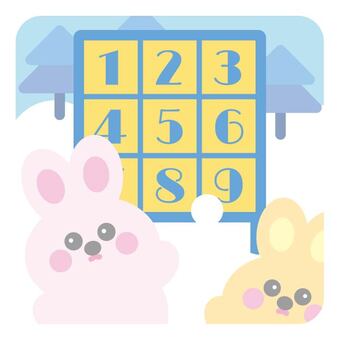 雪玉の的あて遊び（うさぎ） 的,数字,雪玉,雪,正面,上半身,黄色,青色,ピンク色,白色のイラスト素材