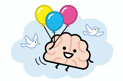 脳みそさん★お空をふわふわ 脳みそ,飛ぶ,俯瞰,風船,鳥,空,脳,笑顔,浮くのイラスト素材