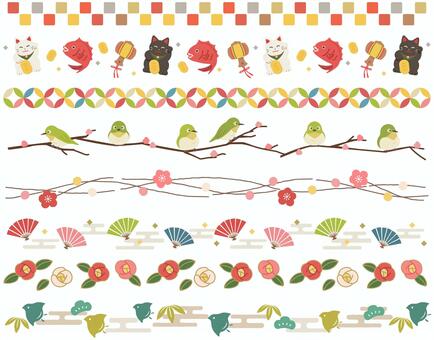 お正月から春先の飾り線　セット 正月,飾り線,あしらい,ライン,セット,縁起物,招き猫,鯛,小槌,小判のイラスト素材