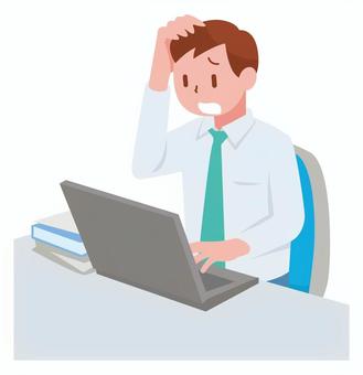 パソコンの前で頭を抱える会社員 パソコン,ノートpc,ビジネスマン,会社員,男性,人物,ネクタイ,業務中,焦る,動揺のイラスト素材