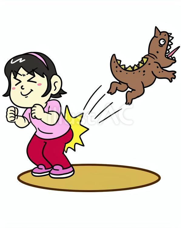 怪獣と尻相撲して勝利する小学生女子 尻相撲,怪獣,勝利のイラスト素材