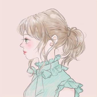 横顔の女の子(背景あり) 横顔の女の子(背景あり) 女性,女の子,きれい,可愛い,ブラウス,フリル,リボン,ポニーテール,ブルー,グリーンのイラスト素材