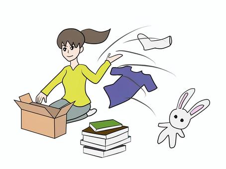断捨離する女性 断捨離,女性,本,段ボール,ぬいぐるみ,服のイラスト素材