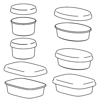 テイクアウトの容器の線画 容器,フードパック,使い捨て,線画,モノクロ,立体,弁当箱,フタのイラスト素材