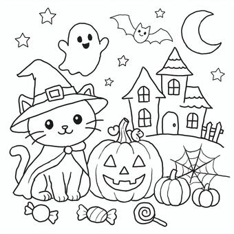 魔女の猫とかぼちゃのハロウィン線画 ハロウィン,猫,かぼちゃ,おばけ,コウモリ,おばけ屋敷,魔女,魔女の帽子,月,星のイラスト素材