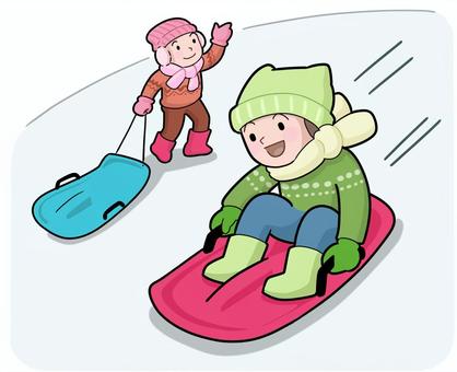 子どもの冬のソリ遊び 雪,子ども,ソリ,遊び,滑る,赤,帽子,マフラー,楽しい,坂のイラスト素材