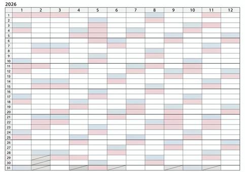 A4対応/2026年間予定表(枠外透過  A4対応/2026年間予定表(枠外透過  カレンダー,色付き,記入式,年間,1年,スケジュール,予定,予定表,計画,バレットジャーナルのイラスト素材