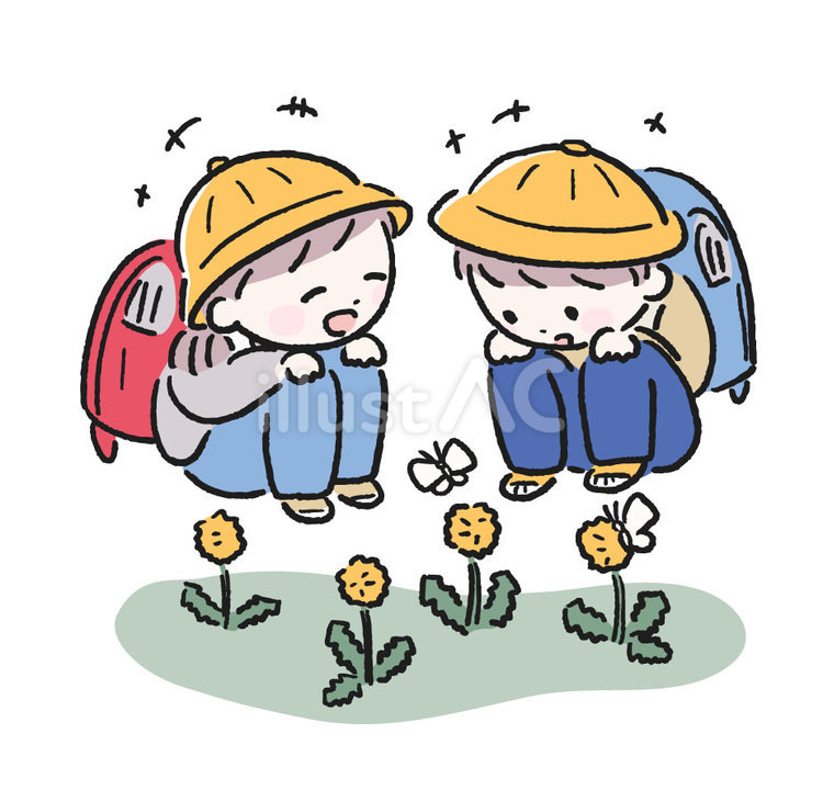 蝶々を見る可愛い小学生３ 1年生,2年生,低学年のイラスト素材