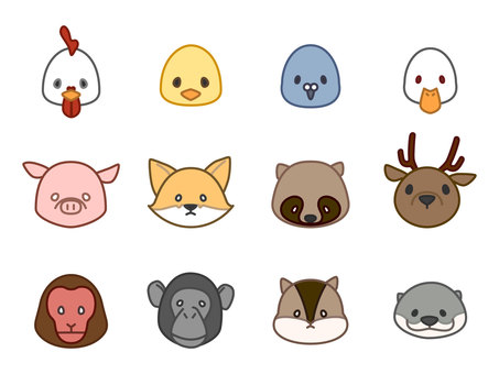 動物アイコン 動物,アイコン,にわとり,ひよこ,鳩,アヒル,ブタ,きつね,たぬき,シカのイラスト素材