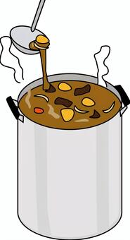カレー寸胴鍋 カレー,寸胴鍋,業務用,給食,メニュー,煮込む,おたま,ルー,具材のイラスト素材