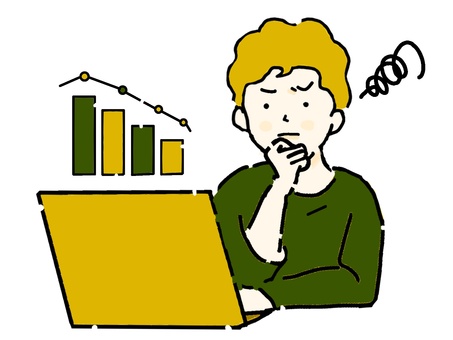 下降するグラフを不安げに見る若い男性① 下降,右肩下がり,データ,不安,悩む,折れ線グラフ,棒グラフ,混乱,人物,男性のイラスト素材