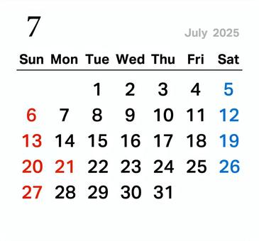 July 2025 Calendar c, , JPG, PNG and AI