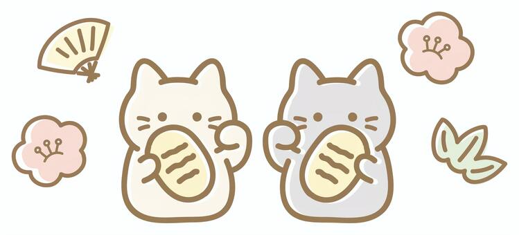 白猫と黒猫の招き猫 正月 縁起物 正月,お正月,年賀状,縁起物,招き猫,猫,ねこ,ネコ,動物,梅のイラスト素材