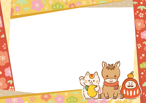 2026年かわいい午年年賀状フレーム02 お正月,年賀状,正月,馬,フレーム,午,和柄,枠,2026年,2026のイラスト素材