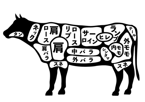 牛肉の部位の各部名称 牛,肉,部位,タン,肩,肩ロース,リブロース,サーロイン,ヒレ,ランプのイラスト素材