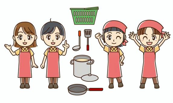 エプロンの男女スタッフ（全身） エプロン,男女,男性,女性,料理,掃除,調理,キッチン,調理実習,三角巾のイラスト素材