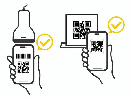 スマホの二次元コード決済　イエロー スマホ,スマートフォン,モバイル,二次元コード,コード決済,バーコード,スキャナー,バーコードリーダー,読み取り,支払いのイラスト素材