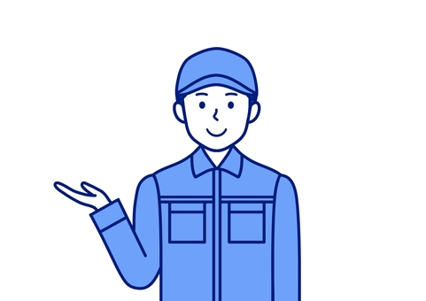 説明・案内をする製造業の作業員の男性 案内,製造業,作業員,作業着,作業服,ブルー,シンプル,説明,男性,仕事のイラスト素材