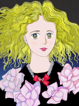 花のついた服 女性,ブロンド,花飾り,ネックレス,リボンのイラスト素材
