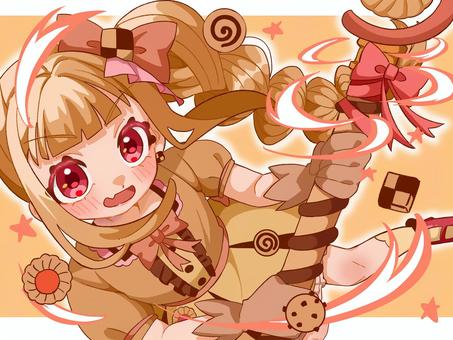 クッキーの魔法少女 魔法少女,クッキー,女の子,茶色,リボン,ステッキ,笑顔,エフェクト,ドレスのイラスト素材