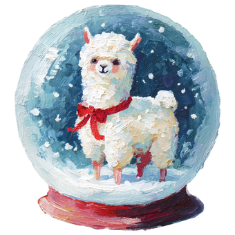 アルパカのスノードーム スノードーム,クリスマス,アルパカ,スノーボール,雪,手描き,絵の具風,厚塗り,カラフル,雑貨のイラスト素材