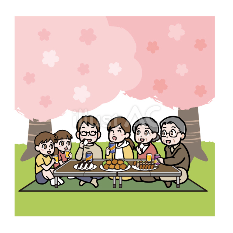 ピクニックシートでお花見する家族 花見,桜,木のイラスト素材