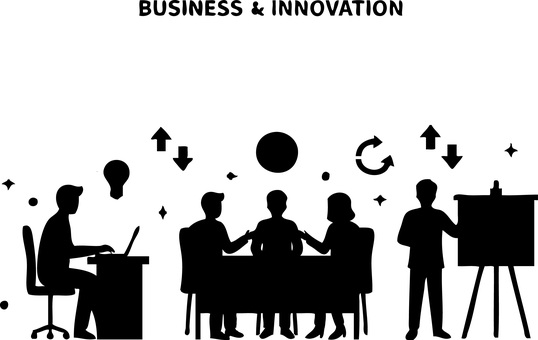 アイデア会議　ビジネス複合シルエット ビジネス,会議,ミーティング,チームワーク,アイデア,電球,pc,パソコン,デスクワーク,グラフのイラスト素材