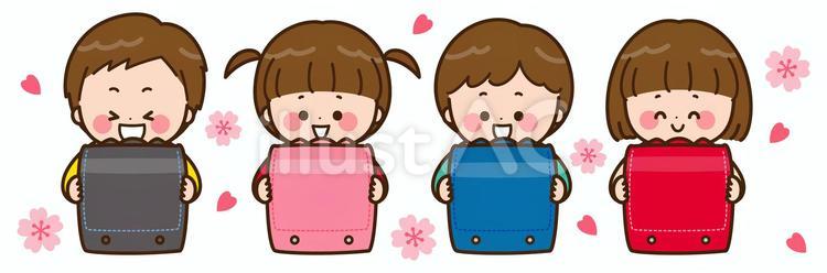 ランドセルを抱える笑顔の子ども達＜桜＞イラスト - No: 24749564