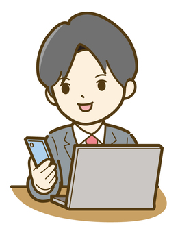 パソコン操作中にスマホを見る男性_25 パソコン操作中にスマホを見る男性_25 ビジネス,人物,男性,人,ビジネスマン,会社員,スーツ,パソコン,ノートパソコン,スマホのイラスト素材