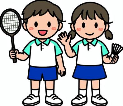 水色のバドミントンの子供たちです。 バドミントン,シンプル,スポーツ,体育,クラブ,部活,サークル,運動,跳ぶ,シャトルコックのイラスト素材