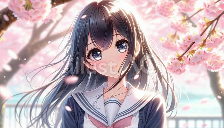 桜を背景に制服姿の可愛い女子高生 女子高生,桜,春のイラスト素材