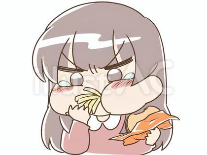 ジャンクフードをやけ食いする女性