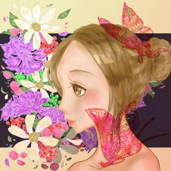 Illustration, perfil, flor, mariposa, 