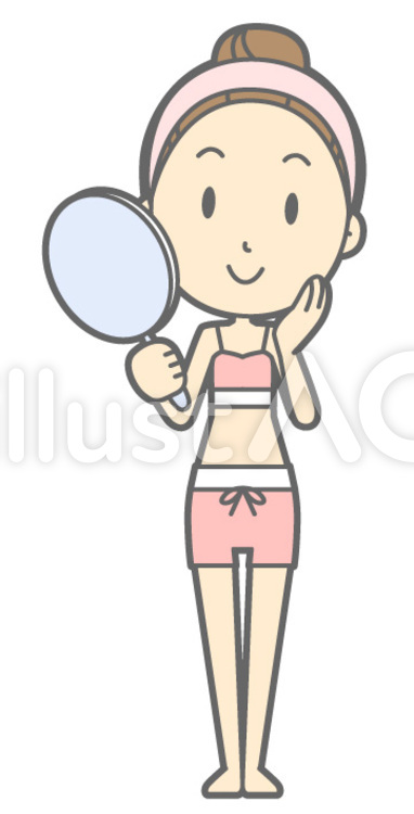 下着女性-鏡笑顔-全身 女性,人物,下着のイラスト素材