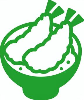 ピクトグラムの緑のえび天丼です。 ピクトグラム,えび天丼,シンプル,えび,天丼,丼もの,天ぷら,和食,食事,定食のイラスト素材