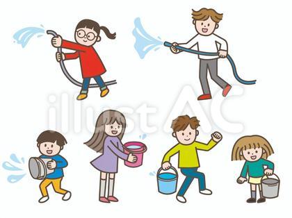 バケツとホースを使う小学生