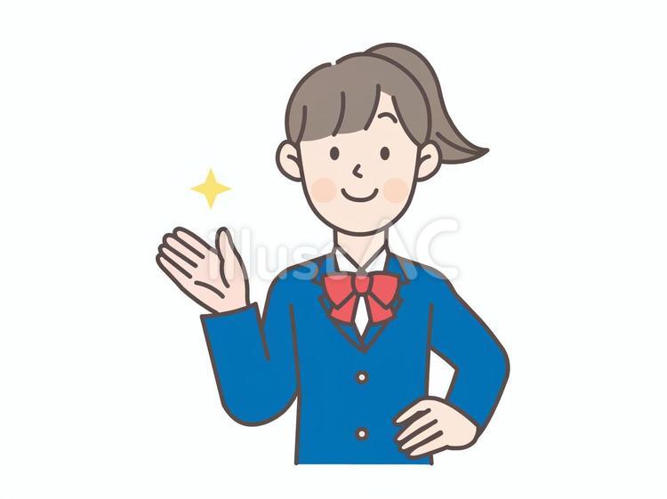 腰に手を当てて案内する女子学生 学生,女の子,中学生のイラスト素材