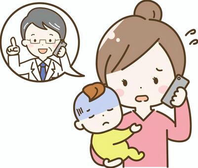 赤ちゃんの体調不良を医師に相談するママ ママ,赤ちゃん,母親,ぐったり,病気,体調不良,電話,相談,スマホ,医師のイラスト素材