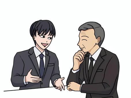 笑顔で説明するスーツ男性と納得する上司 説明,スーツ,男性,笑顔,中年,上司,新人,若手,社員,合意のイラスト素材