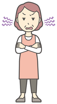  腕組みをしてイライラしているおばさん イライラ,女性,人,人物,主婦,中年,シニア,エプロン,ママ,お母さんのイラスト素材