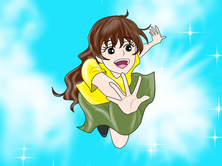 天に向かって手を伸ばす女子 手を伸ばす,女子,空,笑顔,スカート,女,女性,かわいい,美人,美女のイラスト素材