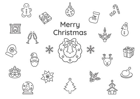 モノクロのクリスマスアイコンセット2 アイコン,クリスマス,セット,冬,12月,ツリー,ベル,プレゼント,ポインセチア,リースのイラスト素材