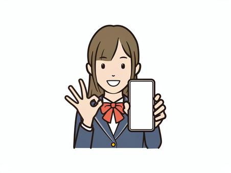 スマホ見せてOKサインをするブレザー女子 スマホ,スマートフォン,携帯電話,学生,高校生,中学生,女子高生,ブレザー,リボン,学生服のイラスト素材