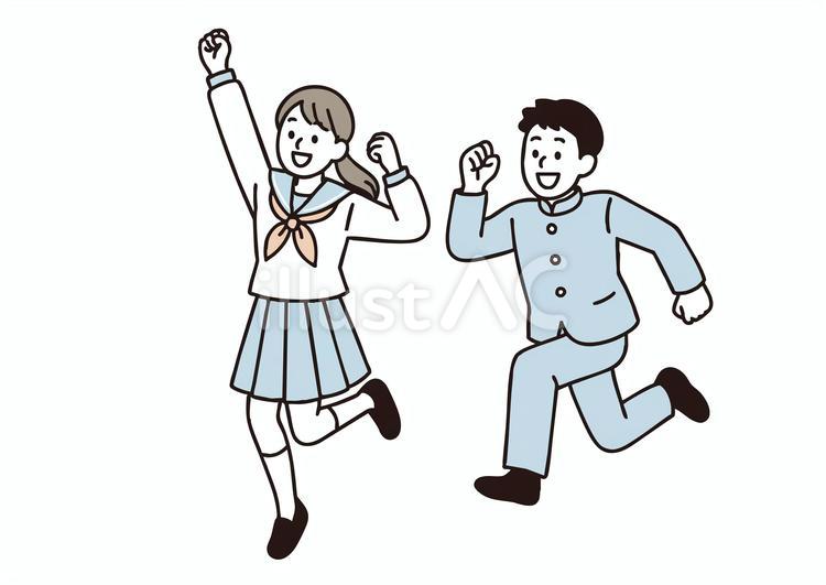 ジャンプする高校生の男女ペア 人物,イラスト,アジア人のイラスト素材