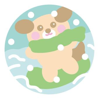 スノーボード（犬） スノーボード,雪,冬,正面,全身,ベージュ色,水色,白色,茶色,笑顔のイラスト素材