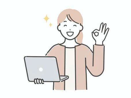 パソコンを持ちOKする若い女性 女性,人物,若い,大人,パソコン,ok,了解,いいね,正解,完璧のイラスト素材