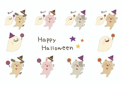 ハロウィンセット ハロウィン,動物,おばけ,びっくり,驚く,驚かす,秋,うさぎ,猫,くまのイラスト素材
